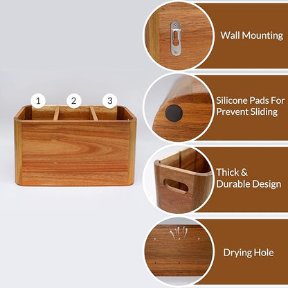 Wooden Kitchen Utensil Holder Organizer for Counter or Countertop, Large Wooden Utensil Holder for Storage Cooking and Silverware with 3 Compartment, Acacia Rustic Wood Container Extra Large - Image 4
