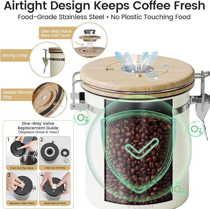 Veken Coffee Sugar Canister with Window, Airtight Stainless Steel Kitchen Food Storage Container with Lids, Date Tracker and Scoop for Grounds Coffee, Beans, Tea, Flour, Cereal Jars, 16OZ, Cream - Image 4