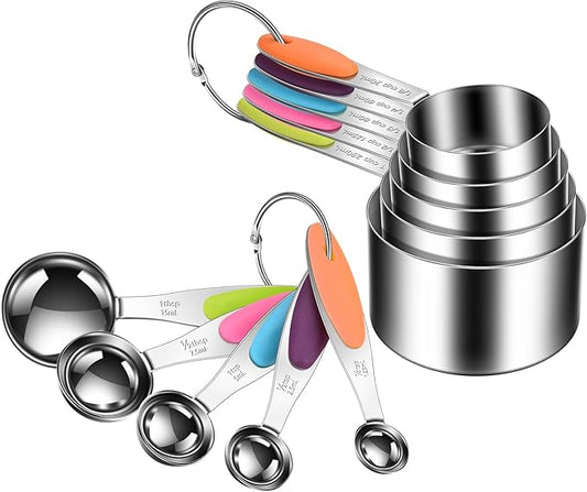 10-Piece Measuring Cups and Spoons Set, 304 Stainless Steel with Color-Coded Silicone Handles, Engraved Metric/US Measurements, Stackable & Detachable, Dishwasher Safe
