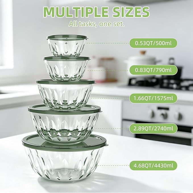 Luvan 5-Pack Glass Mixing Bowls with Lids Set - Leaf Pattern Clear Serving Bowls with Dark Green Translucent Lids, Nesting Borosilicate Salad Bowl, Dishwasher & Microwave Safe - Image 2