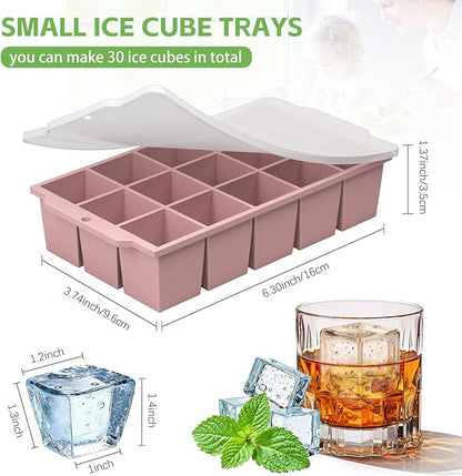 Silicone Ice Cube Tray with Locks Lids, Easy Release Flexible 15 Square Ice Trays for Freezer, Stackable & Reusable Ice Cube Mold for Whiskey, Cocktails, Baby Food, BPA Free, 2 Pack (Pink)