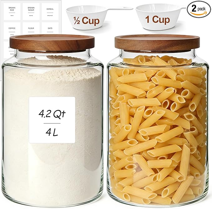 ComSaf 2Pcs (4.2Qt) Wide-Mouth Flour Sugar Storage Containers - Include Scoops & Labels, Easy to Scoop & Airtight, Large Glass Jar for Bakers to Store Bulk Flour, Rice, and Dry Goods in Kitchen Pantry by ComSaf