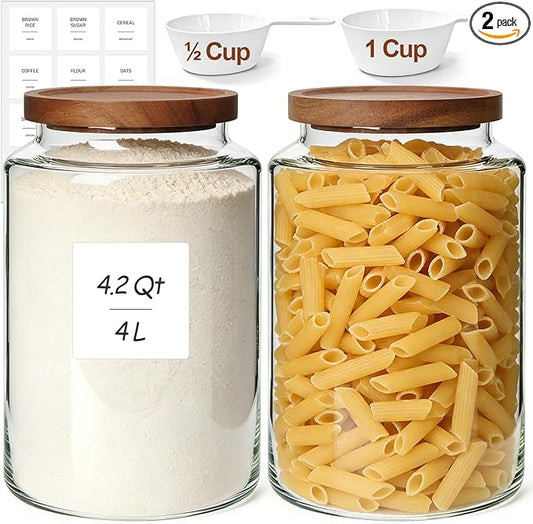 ComSaf 2Pcs (4.2Qt) Wide-Mouth Flour Sugar Storage Containers - Include Scoops & Labels, Easy to Scoop & Airtight, Large Glass Jar for Bakers to Store Bulk Flour, Rice, and Dry Goods in Kitchen Pantry by ComSaf