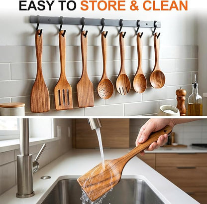 7 Pcs Acacia Wood Cooking Utensils Set Large Wooden Spoons for Cooking Spatula Salad Mixing Spoon Non Toxic Utensil for Kitchen Use Spatulas Non Stick Turner Slotted Serving Spoon Kitchen Utensils - Image 5