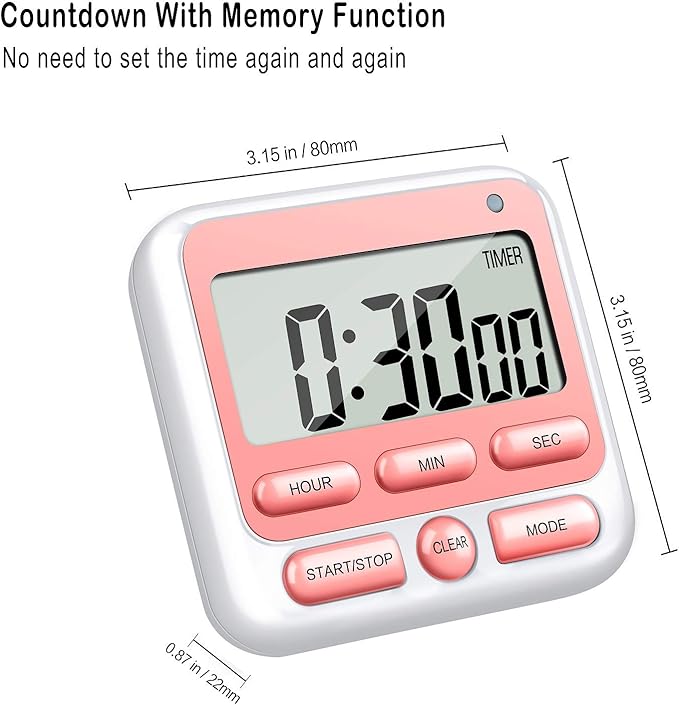 KTKUDY Digital Kitchen Timer with Mute/Loud Alarm Switch ON/Off Switch, 12-Hour Clock & Alarm, Memory Function Count Up & Count Down for Kids Teachers Cooking, Large LCD Display, Strong Magnet (Pink) - Image 5