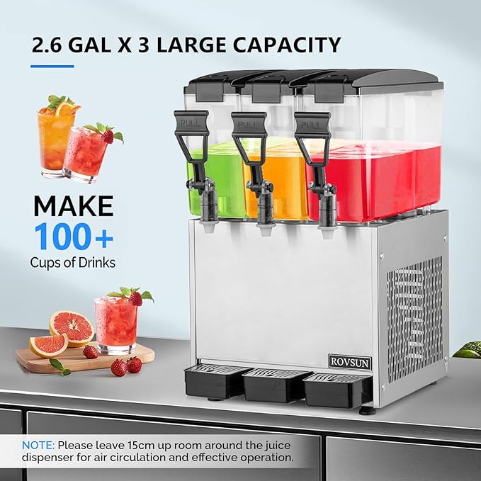 ROVSUN Commercial Beverage Dispenser 7.8 Gal/30L, Commercial Juice Dispenser Cold Drink Dispenser 10L X 3 Tanks Stainless Steel with Thermostat Controller for Home Restaurant Bar Party 110V/60HZ - Image 4