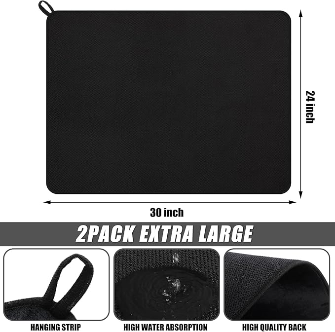 Hushee 2 Pack Extra Large Dish Drying Mat Microfiber Absorbent Dish Drying Pad Large Size Dishes Drainer Mats for Countertop, Sink, Refrigerator or Dryer (30 x 24 Inch,Black) - Image 2