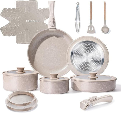 Chef Power Ceramic Nonstick Pots and Pans Set 19 Piece with Detachable Handle, Induction Dishwasher Oven Safe Cookware Set, RV Kitchen Set Removable Handle, Mocca Taupe by ChefPower