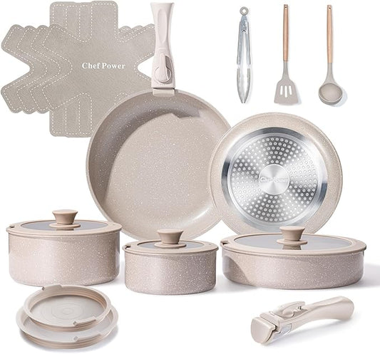 Chef Power Ceramic Nonstick Pots and Pans Set 19 Piece with Detachable Handle, Induction Dishwasher Oven Safe Cookware Set, RV Kitchen Set Removable Handle, Mocca Taupe by ChefPower