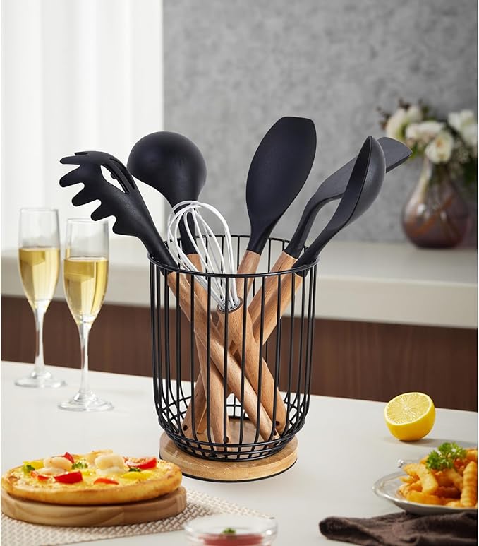 WDT Tool Utensil holder for Kitchen Counter，Large Utensils Holder For Farmhouse Cooking, Utensil Caddy Spatula Holder (Metal+Bamboo-1) - Image 6