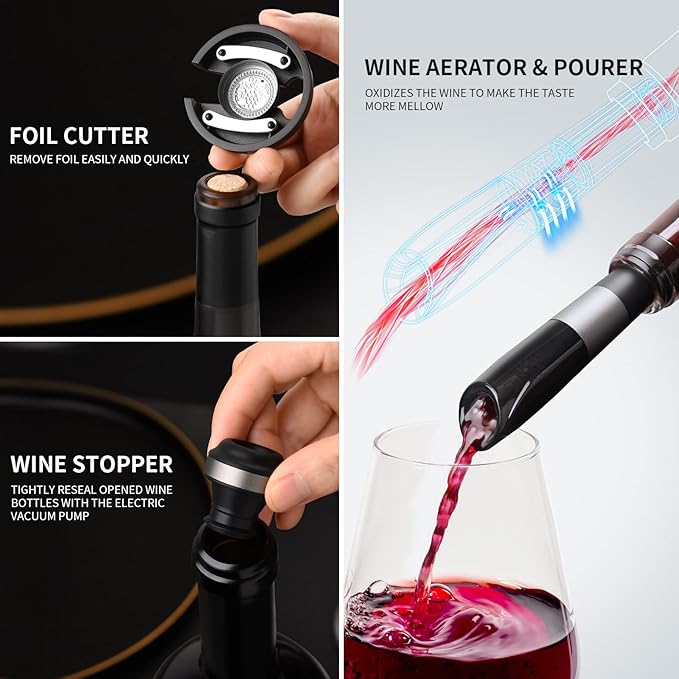 CIRCLE JOY Rechargeable Electric Wine Bottle Opener Set 7-in-1 Aluminum Alloy Wine Gift Set with 2-in-1 Electric Corkscrew & Vacuum Pump, Foil Cutter, Wine Pourer, Charging Base and 2 Wine Stoppers - Image 5