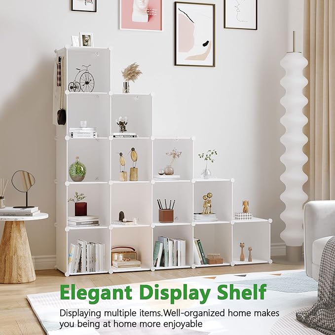 C&AHOME Cube Storage Organizer, 16-Cube Shelves Units, Plastic Storage Cubes, DIY Closet Organizer, Modular Closet Storage Shelves Ideal for Home, Bedroom, 48.4" L × 12.4" W × 48.4" H Milky UPCS16M - Image 4
