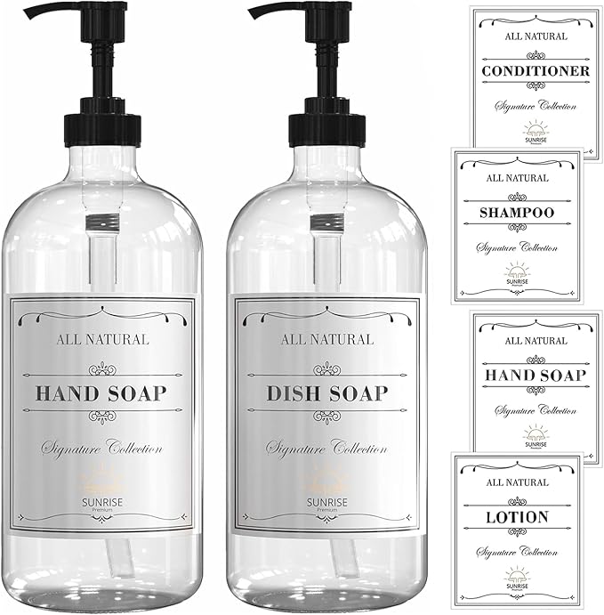 Sunrise Premium 16 OZ Thick Clear Glass Soap Dispenser with Pump 2 Pack, Hand and Dish Soap Dispenser Set for Bathroom and Kitchen with 6 Waterproof Labels - Image 7