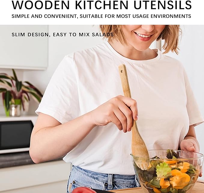 Wooden Spoons for Cooking, 5PCS Wooden Utensil Set Includes Slotted Spoon, Wooden Spoon & Wooden Spatula, Bamboo Cooking Utensils for Non-Stick Pans, Natural Bamboo Utensils - Image 3