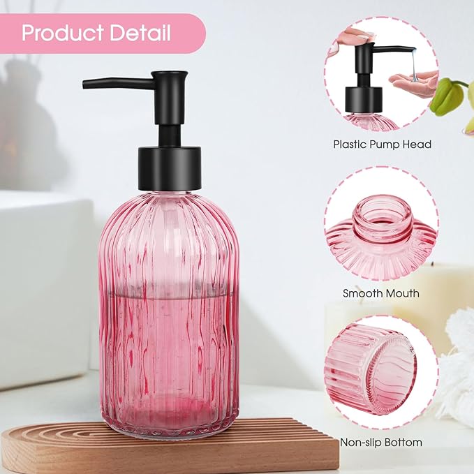 Topsky Stripe Glass Soap Dispenser with Black Plastic Pump, 400ml Liquid Hand Soap Dispenser, Rustproof Pump for Kitchen & Bathroom, Great for Lotions, Essential Oil, Liquid Soaps-Pink - Image 5