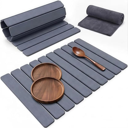 Stone Drying Mat for Kitchen Counter 16x24 Inch, Diatomaceous Dish Drying Mat with Towel Sanding Tool, Fast-Absorbing Quick-Dry Non-Slip Sink Tray ( Grey ) by BSTUR
