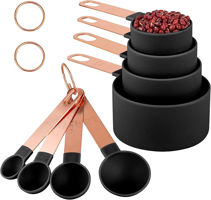 8-Piece Stackable Rose Gold Stainless Steel Handled Measuring Cups and Spoons for Measuring Dry and Liquid Ingredients (black)