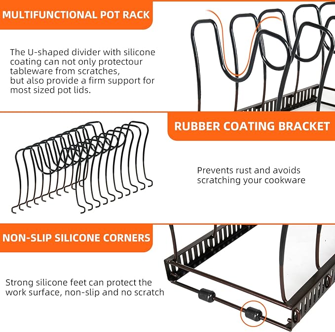 Pot Rack Organizer -Expandable Pot and Pan Organizer for Cabinet,Pot Lid Organizer Holder with 10 Adjustable Compartment for Kitchen Cabinet Cookware Baking Frying Rack,Bronze - Image 4