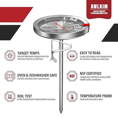 AWLKIM 2 Pack Analog Probe Meat Thermometer, NSF Certified, No Battery Needed, 2.5-in Extra-Large Dial, 120-220°F Read Range, Oven Safe up to 500°F, Bimetallic Stem for Cooking, Roasting, Turkey - Image 2