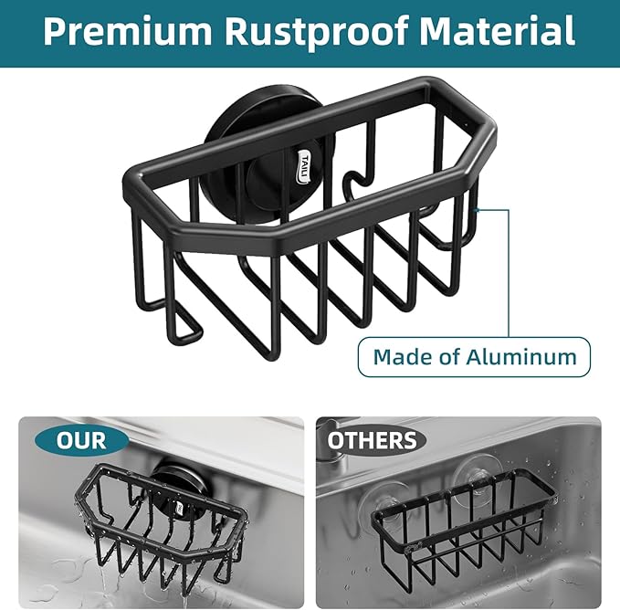 TAILI Sink Caddy with Strong Suction Cup, Sponge Holder for Kitchen Sink Organizer, Removable Sponge Caddy Inside Sink, Rustproof Aluminum Holder for Sponges, Brushes - Black - Image 5