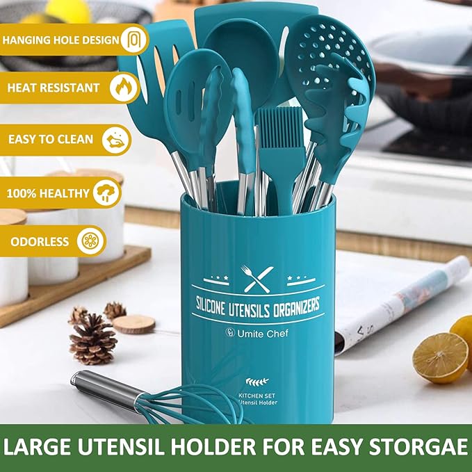 15 Pcs Silicone Cooking Utensils Kitchen Utensil Set - Umite Chef 446°F Heat Resistant Stainless Steel Handles Kitchen Gadgets Tools Set for Nonstick Cookware(Blue) - Image 7
