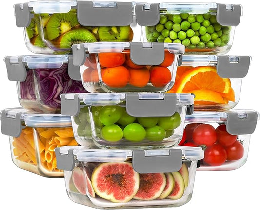 HOMBERKING Glass Food Storage Containers with Lids, [18 Piece] Glass Meal Prep Containers, Airtight Lunch Bento Boxes, BPA-Free & Leak Proof (9 lids & 9 Containers) - Grey by HOMBERKING