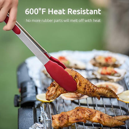 U-Taste Kitchen Tongs, 7/9/12 inches Cooking Tongs, with 600ºF High Heat-Resistant Non-Stick Silicone Tips, 18/8 Stainless Steel Handle, for Food Grill, Salad, BBQ, Frying, Serving, Pack of 3(Red) - Image 3