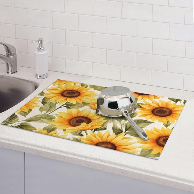 Yellow Sunflower Dish Drying Mat - Reversible Microfiber Design - Absorbent And Versatile Kitchen Essential White - Image 7