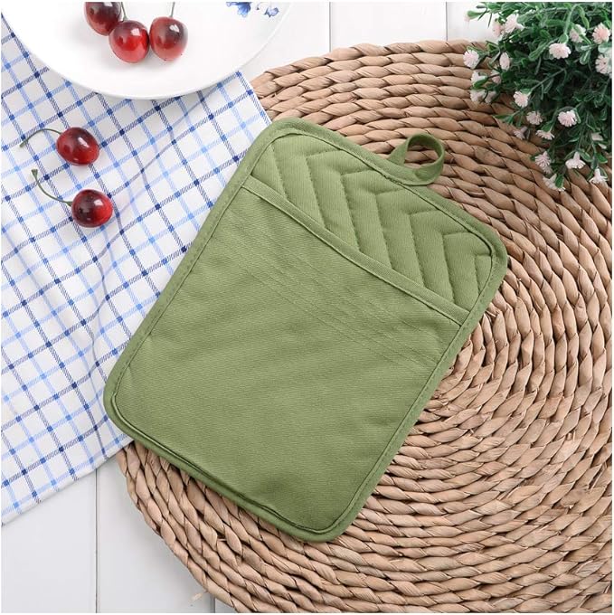 Anyi Heat Resistant Pot Holders, Cotton Hot Pads for Counter & Table, Green with Pocket - Image 4