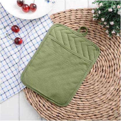 Anyi Heat Resistant Pot Holders, Cotton Hot Pads for Counter & Table, Green with Pocket - Image 4