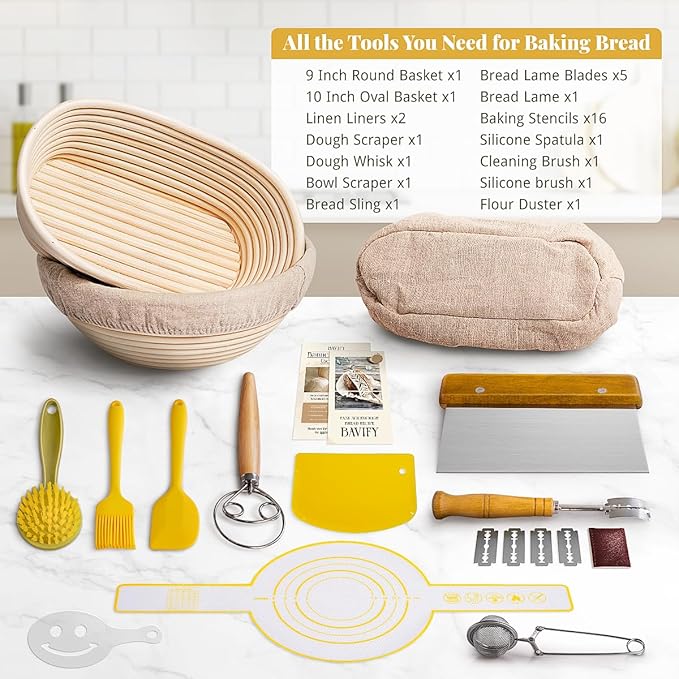Sourdough Starter Kit, Banneton Bread Proofing Baskets Set, Sourdough Bread Baking Supplies Making Tools with Dough Scraper, Whisk, Bread Lame, Recipe - Image 6
