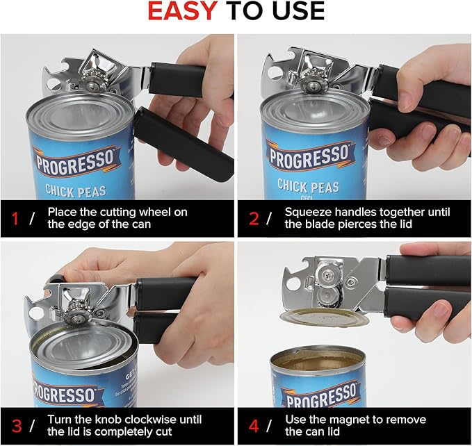 MARSWELL Manual Can Opener with Comfy Grip, Easy Turn Knob & Magnetic Lid Lifter, Smooth Cutting Hand Held Can Opener for Seniors, Arthritis & Weak Hands, Heavy Duty Kitchen Tool, Black - Image 7
