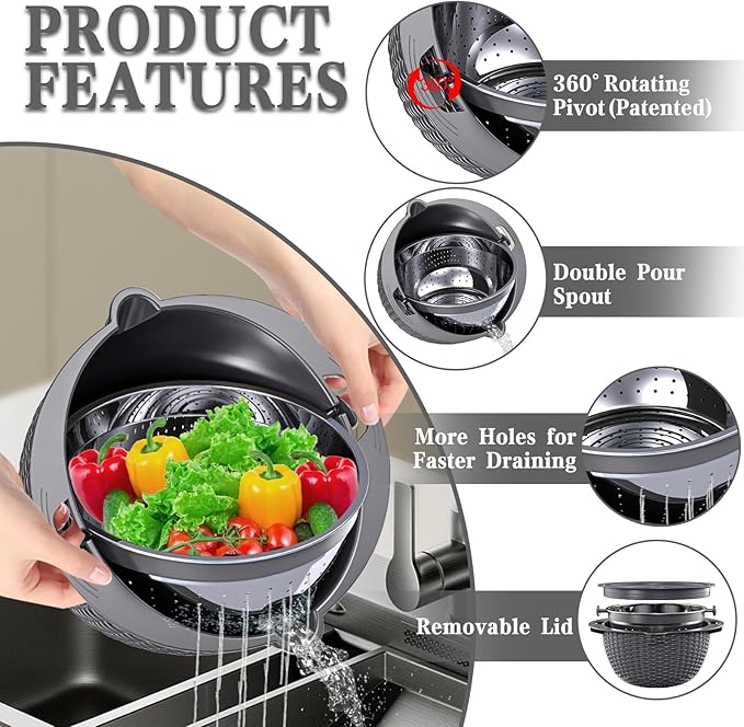 4-1 Colander with Lid Set - Rotatable Strainer With Bowl(Patented), Pasta Strainer with New Upgraded Graters, Strainer And Colanders, Fruit Cleaner, Veggie Wash, Apartment Kitchen Gadgets - Grey - Image 3