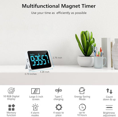 (2 Packs) Rechargeable Timers，Digital Kitchen Timer with 10 Dynamic RGB Color, Magnetic Classroom Timer with Countdown/up with 5”LED Display 3 Brightness 4 Volume Adjustable - Image 3
