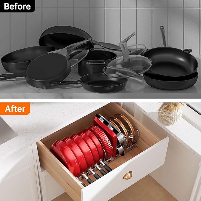 MUDEELA Pot Rack - Expandable Pots and Pans Organizer under Cabinet, Pot Lid Organizer Holder with 12 Adjustable Compartment, Kitchen Cabinet Organizer and Storage for Cutting Board, Skillets Pan - Image 7