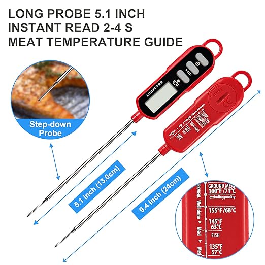 Lonicera Digital Cooking Thermometer for Bread Baking, Food and Water Temperature Measurement. Waterproof and Long Stem with Meat Temp Guide, Display with Backlit (Red) - Image 5