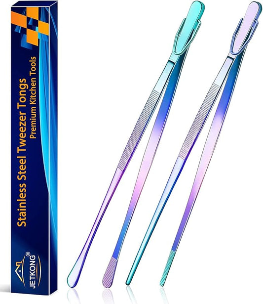 JETKONG 2 Pcs 12-Inch Culinary Tweezers Food Tweezers Kitchen Tweezer Tongs for Cooking (Rainbow) by JETKONG