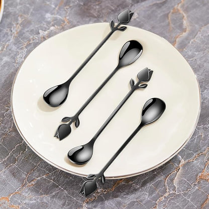Black Tulip/Rose Handle 12-Pcs Mini Coffee Spoons Set - 6" Stainless Steel for Espresso, Tea, Dessert - Ideal for Demitasse & Small Servings - Image 8
