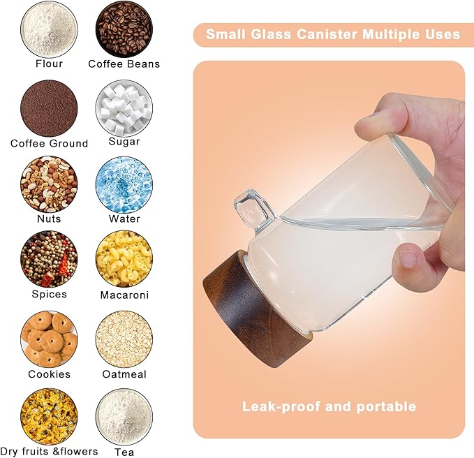8 oz Small Glass Mason Jars with Scoop Wooden Screw Lid Spice Herb Storage Container Clear Round Glass Food Canister for Seasoning Sugar Tea Coffee Bean Spice Salts Pantry (2×250ml(8.4oz)with scoop) - Image 3