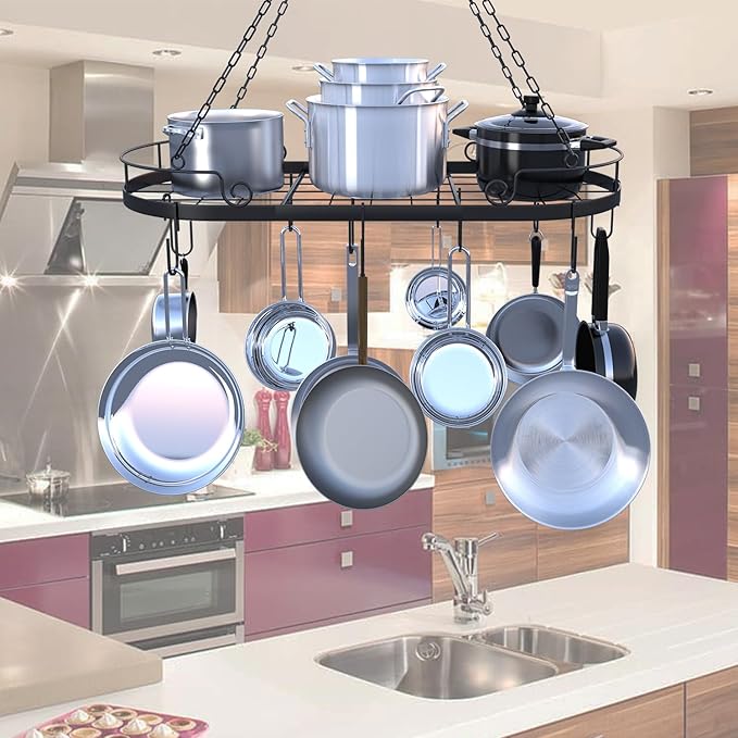 33' Oval Pan Rack Hanging, Heavy Duty Ceiling Pot Rack with Hooks, Metal Pot Hanger with Grid, Pan and Pot Hangers for Kitchen Cookware Utensils Toiletries, Easy Assembly, Black