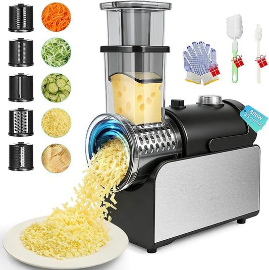 5-IN-1 Electric Cheese Grater, 800W Stainless Steel Electric Salad Machine, 3S Efficient Cutting, Electric Cheese Grater for Block Cheese, Potato, Carrot, Cabbage, Fruits, Nuts（Silver）