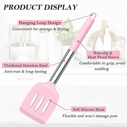 TeamFar Kitchen Utensils, 4 PCS Silicone Cooking Utensils Spatula Spoon Set with Stainless Steel Handle, for Frying Mixing Draining Turning, Healthy & Heat-proof, Non-stick & Dishwasher Safe - Pink - Image 3