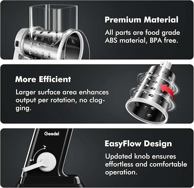 Geedel Rotary Cheese Grater - Upgraded Vegetable Shredder with 4 Interchangeable Blades, Easy to Clean Cheese Shredder with Handle, Kitchen Grater Nuts Grinder for Cutting Cheese, Vegetable, Nuts - Image 6