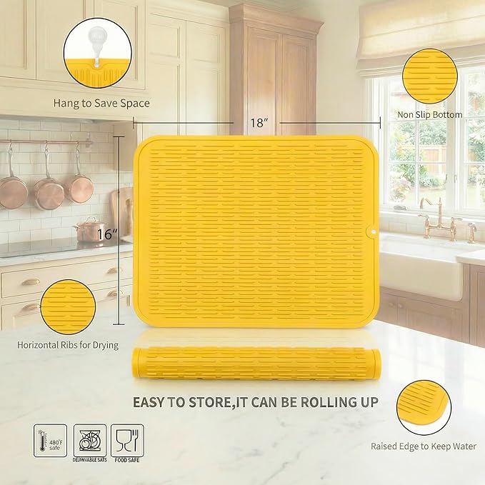 MicoYang Silicone Dish Drying Mat for Multiple Usage,Easy clean,Eco-friendly,Heat-resistant Silicone Mat for Kitchen Counter or Sink,Refrigerator or Drawer Liner Yellow XL 18 inches x 16 inches - Image 2