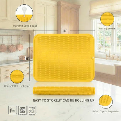 MicoYang Silicone Dish Drying Mat for Multiple Usage,Easy clean,Eco-friendly,Heat-resistant Silicone Mat for Kitchen Counter or Sink,Refrigerator or Drawer Liner Yellow XL 18 inches x 16 inches - Image 2