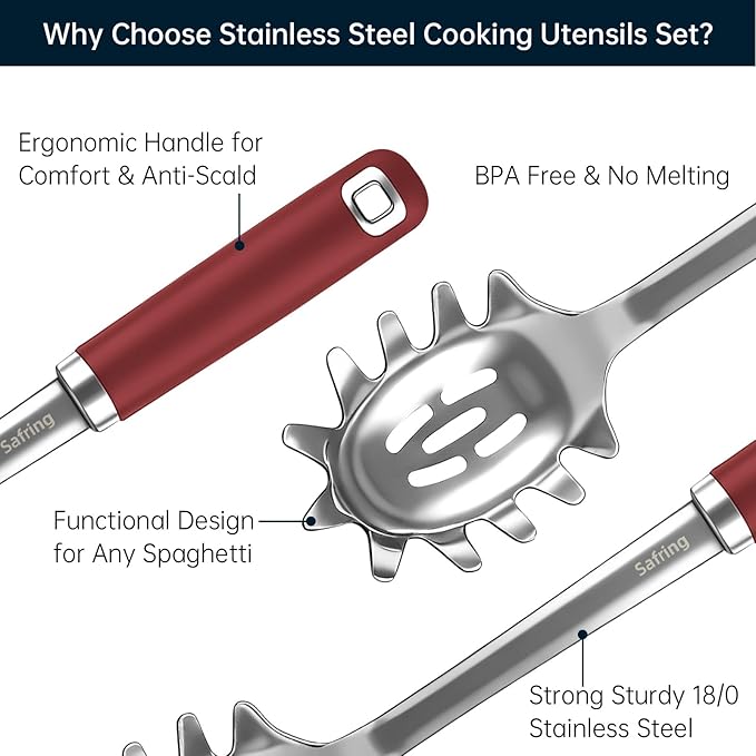 Safring Stainless Steel Soup Ladle and Spaghetti Spoon Set, Heat Resistant Rubber Handle, Dishwasher Safe, Kitchen Utensils for Cooking, Stirring, Serving Pasta, Soup & Sauce (Red) - Image 3