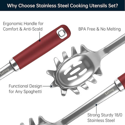 Safring Stainless Steel Soup Ladle and Spaghetti Spoon Set, Heat Resistant Rubber Handle, Dishwasher Safe, Kitchen Utensils for Cooking, Stirring, Serving Pasta, Soup & Sauce (Red) - Image 3