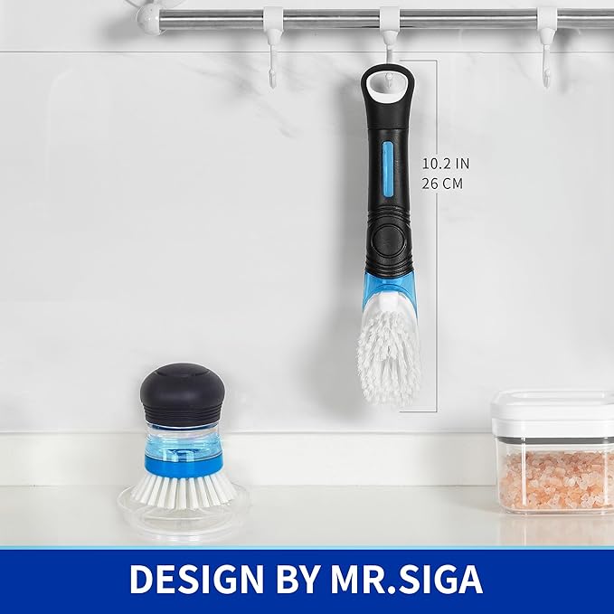 MR.SIGA Soap Dispensing Dish Brush, Kitchen Brush for Pot Pan Sink Cleaning, Black, Pack of 2 - Image 6