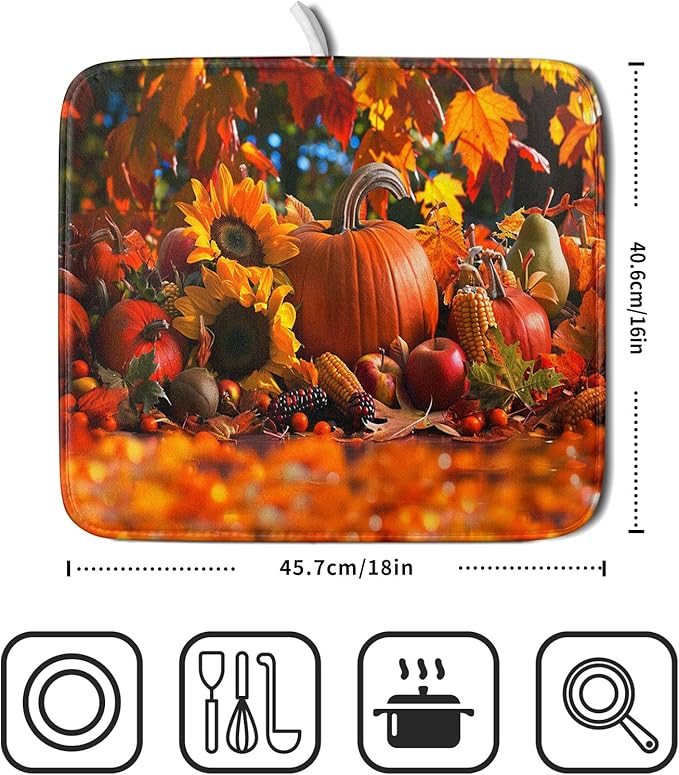 Fall Harvest Pumpkin Dish Drying Mat for Kitchen Counter,Thanksgiving Maple Leaves Sunflower Drying Mat 16 x 18 Inch with Absorbent Reversible Microfiber Dish Drying Pad for Coffee Bar - Image 2