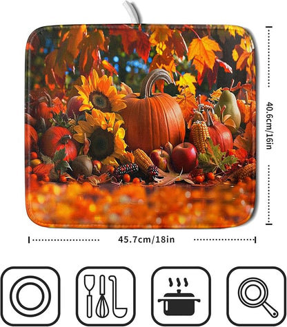Fall Harvest Pumpkin Dish Drying Mat for Kitchen Counter,Thanksgiving Maple Leaves Sunflower Drying Mat 16 x 18 Inch with Absorbent Reversible Microfiber Dish Drying Pad for Coffee Bar - Image 2